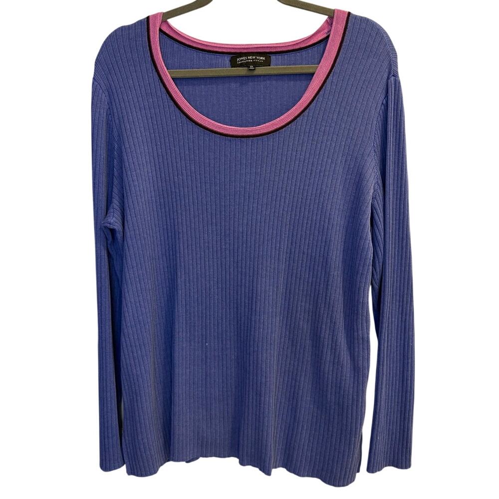 Jones New York Collection Woman 2X PLUS Purple Ribbed Top Pink Trim